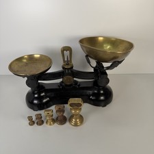 Vintage Black Kitchen Balance Retro Scales & 5 Brass Bell Weights