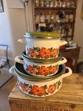 Vintage Set 3 Lidded Enamel Casserole Dishes / Pans - Flowers & Green Lids
