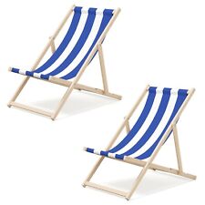 Wooden Deck Chair Folding Garden Beach Seaside Deckchair Blue White Stripe x2