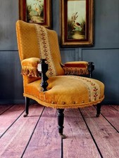 Antique 19th century aesthetic movement salon style tapestry and velvet armchair