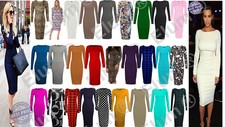 WOMENS LADIES LONG SLEEVE MIDI DRESS STRETCH BODYCON PLAIN JERSEY MAXI PLUS size