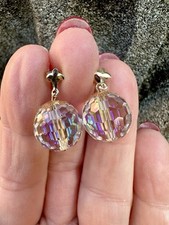 Vintage 9ct Gold Aurora Borealis Faceted Crystal Orb Stud Drop Earrings