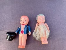 Vintage 1930's Celluloid Jointed Tiny Kewpie Bride & Groom Wedding Dolls 2.5"