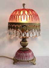 Antique French Crystal Glass Table Lamp Cranberry Brass Drop Boudoir Boho 