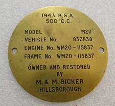 1943 BSA 500 CC MOTORBIKE - Brass Metal Sign / Plaque - Model M20 Restored