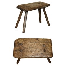 SMALL ANTIQUE 1900 MILKING DAIRY STOOL FOUR HAND CARVED LEGS ORIGINAL PATINA