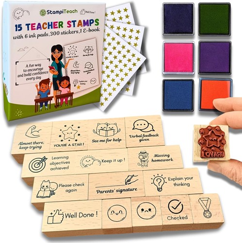15pc beech wood teacher stamp - 15pc,