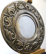Indian Circular Wall Mirror - Broad Frame in White Metal - Repoussé Decoration