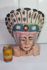 Vintage Hand Carved  & Painted Wooden Native American Indian  Head. 15 inch tall
