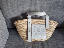 LOEWE  Womens Small Raffia Basket Bag with Leather Trim and Leather Strap