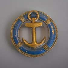 Antique Victorian Era Brass And Blue Enamel Nautical Anchor & Lifebelt Brooch
