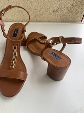 DUNE "JUST" TAN LEATHER T BAR BLOCK HEEL SANDALS. CHAIN FEATURE UK5/EU38
