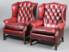 Pair Of Vintage Red Leather Chesterfield Armchairs 