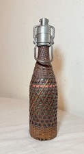 Rare antique 19th century French woven wicker metal glass seltzer bottle