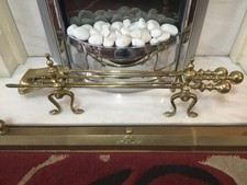 Antique solid brass companion set fireside tools & pair of fire dog stands