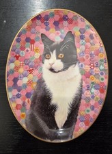 Lesley Anne Ivory Royal Worcester Cat plate Chesterton on pink hexagons VGC