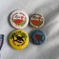 4 X Vintage Pin Badges Rode Bird Gardens Sam Myna Bird Macaw Scarlet Ibis Zoo
