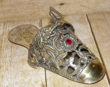 Antique Brass Side Saddle Slipper / Stirrup - Floral Detailing & Inset Red Stone