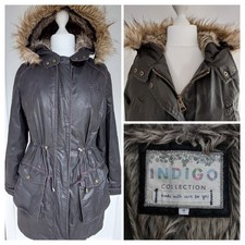 M&S Indigo Women's Wax Look Jacket Size 14 Faux Fur Trim & Part Inside Brown VGC