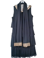 Jacques Vert Sleeveless Tiered Midi Occasion Dress Size 18 Black Cowl Neck Scarf