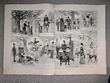 ENGRAVING PARK HORSE PRAM BOAT SWAN WALK DOG VICTORIAN 1884 Antique Print HUGE