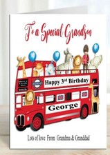 Personalised Boys Birthday Card  Red bus with wild animals