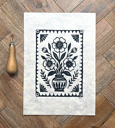 Floral vase lino print - floral,