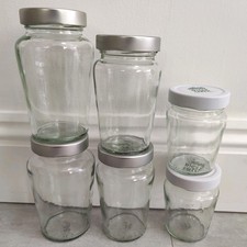 6 Clean Empty Strong Tough Glass Jars With Lids Jam Preserves Storage