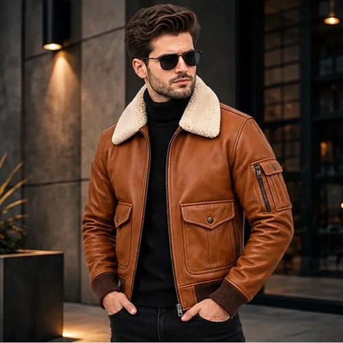 Men brown leather bomber - brown,