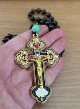 Black & Gold metal Orthodox 8cm Cross on wood rosary bead necklace