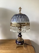 Vintage French Crystal Table Lamp Blue Floral Cherub Boudoir