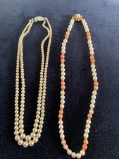 x2 Pearl Necklaces Costume Coral coloured Double Pompadour VGC