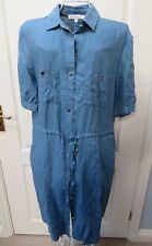 Anna Weyburn Ladies Pure Linen Safari Shirt Dress Size 16 Blue Pockets Utility