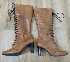 Clarks Lace Up Knee High Boots Tan Leather Heeled Victorian Edwardian UK 4