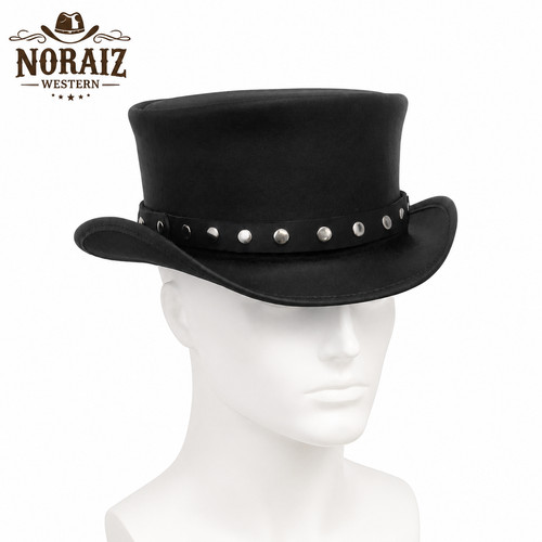 Handmade black leather top hat - top,
