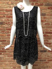 River Island Black Beaded Flapper Gatsby 1920s Dress Size 12 + FREE Necklace