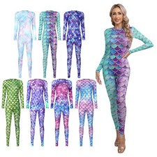 Women Mermaid Cosplay Jumpsuit Long Sleeve Full Body Fish Scales Romper Swimsuit