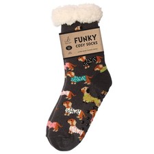 Womens Sherpa Fleece Lined Thermal Slipper Socks Sausage Dog Dachhund UK4-8