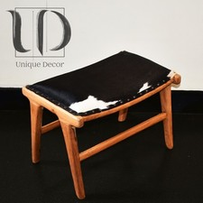  Handmade Teak & Cowhide Stool