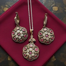 Handcrafted Ruby & Crystal Sterling Silver Necklace and Earrings-Vintage Style