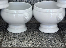 Pair of French White Porcelain Lion Head Handled Onion Soup Bowls Footed 4.2” W