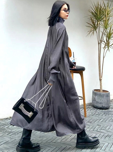 Grey long ladies dress shirt - dress,