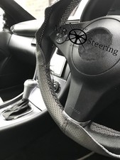 FOR VW LUPO 98-05 GREY PERFORATED LEATHER STEERING WHEEL COVER BLACK DOUBLE STT
