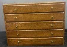 Solid Oak Jewelry Box 5 Drawers Brass Handles &Knobs Black Velvet Lined
