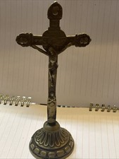 French Antique Brass Standing Crucifix Lots Patina Religious Cross 7x18x5.5cm