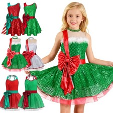 UK Kids Girls Sequins Santa Claus Costume Candy Cane Dance Jumpsuit Dancewear