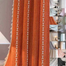 UK Stripe Curtain Panel Slot Top Checked Cotton Linen Textured Curtains Tassels