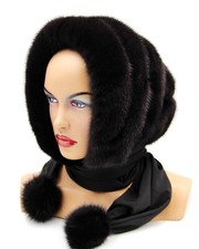Fur Hat Hooded Mink Warm Headdress Womens Winter Bonnet Shawl Scarf Kerchief
