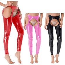 Women's Metallic Wet Look PVC Leather Open Crotch Backless Leggings Long Pants