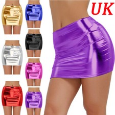 UK Women's Shiny Metallic Skirts PVC Leather Bodycon Mini Micro Bodycon Skirts